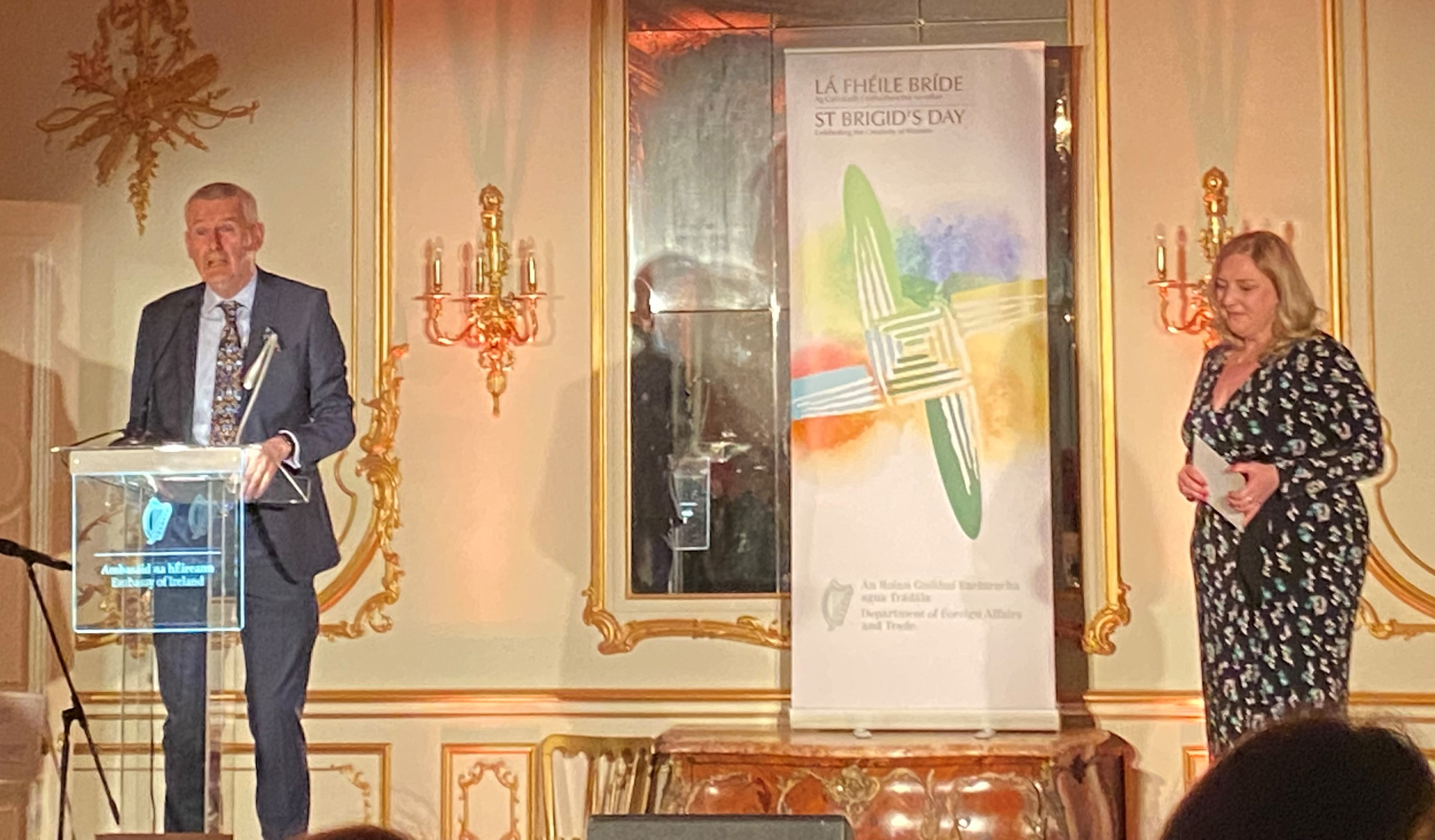 Ambassador Adrian O'Neill addresses the Embassy's St Brigid's Day event.