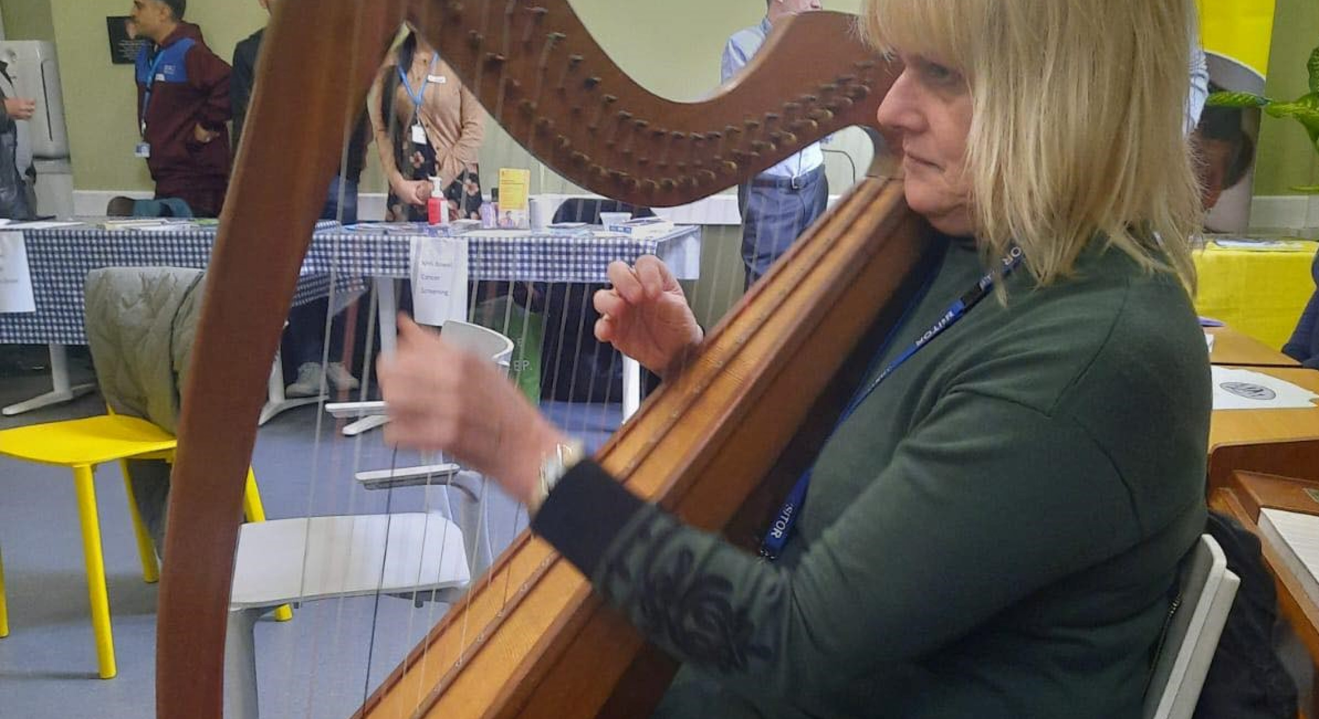 Helen Tierney playing the harp