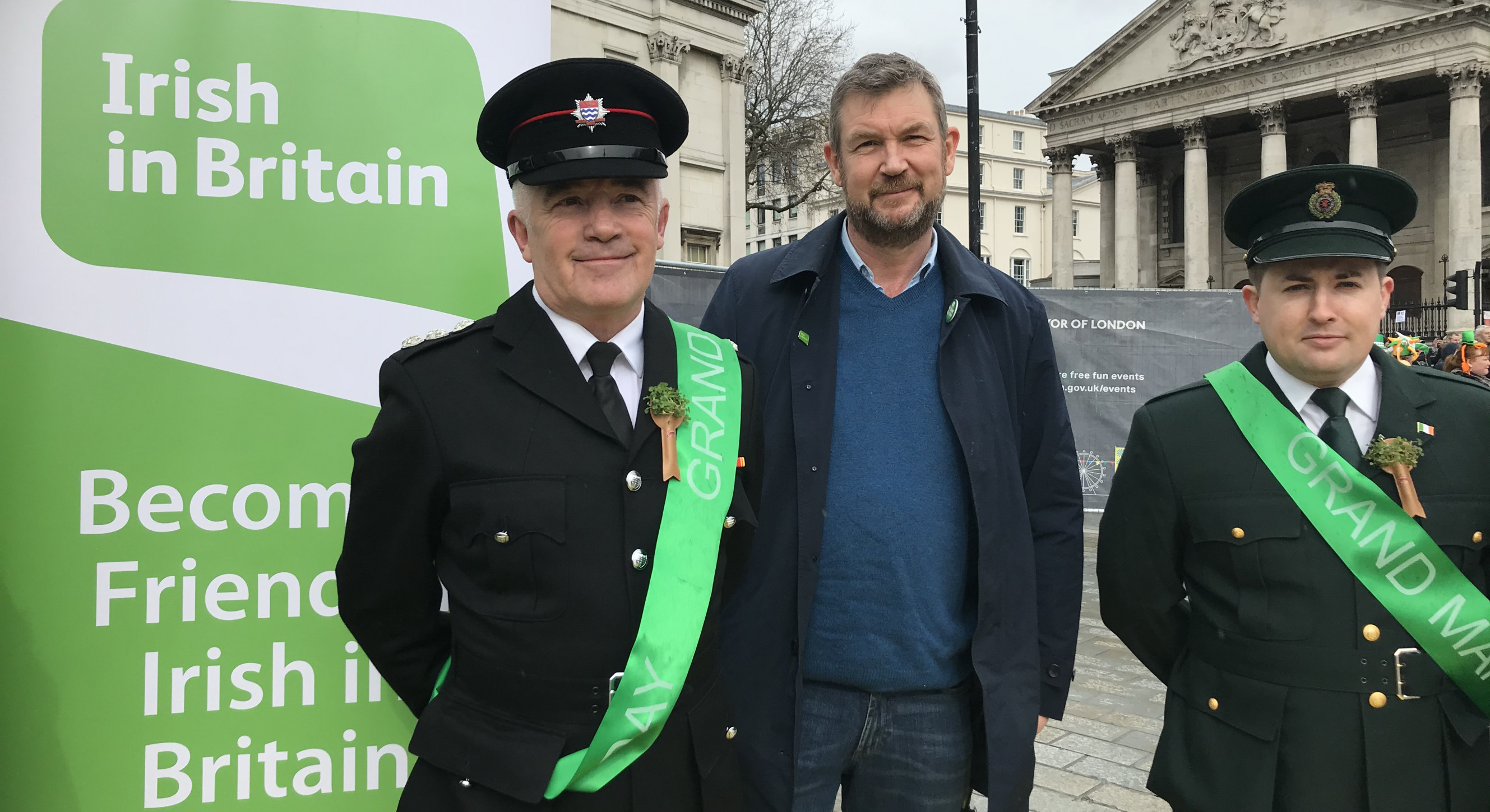 Grand Marshals Brien O'Keefe, Station Commander, London Fire Brigade and Nathan Cahill, Paramedic, London Ambulance Service with Irish in Britain's CEO Brian Dalton.