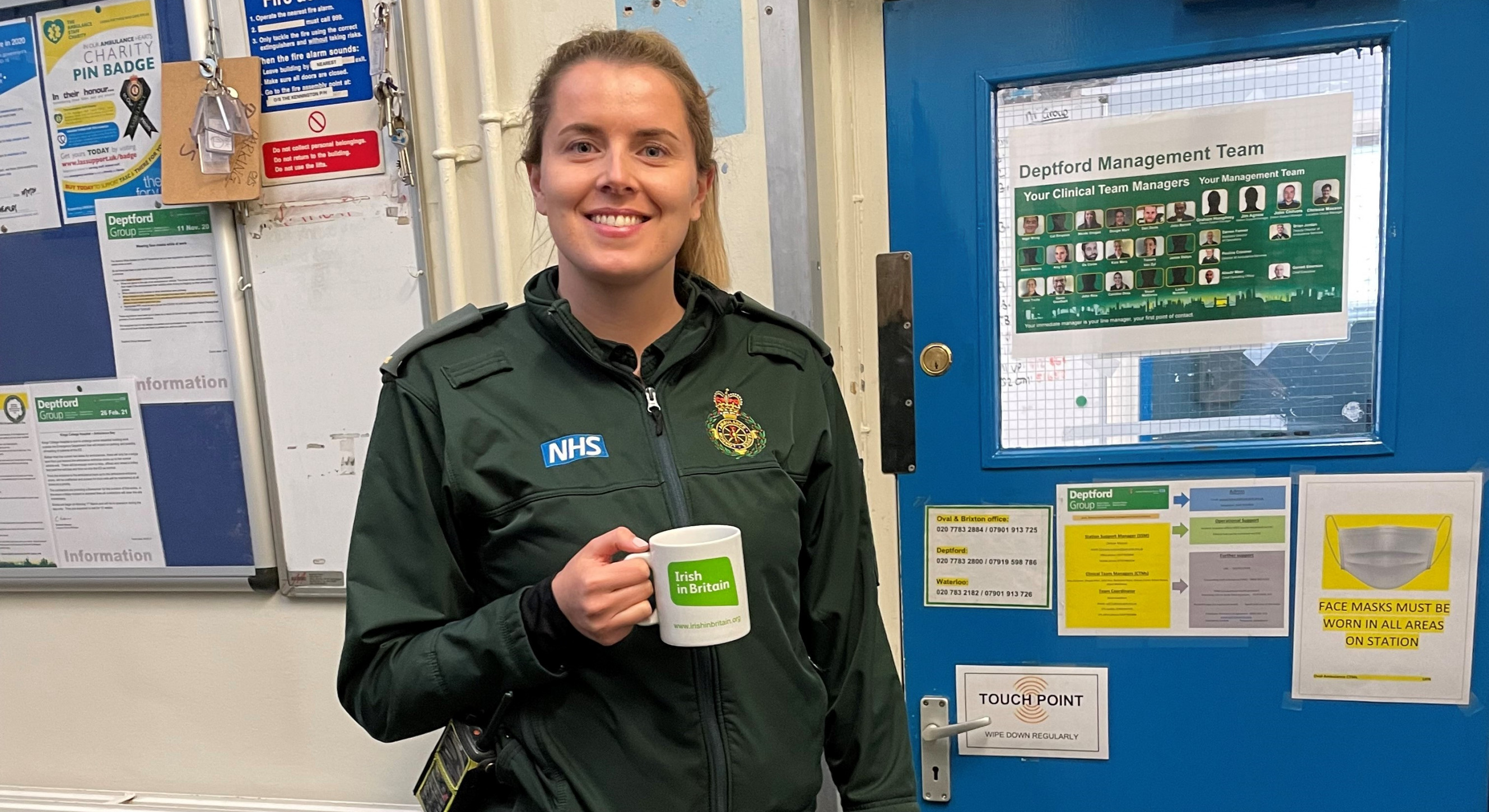 Gigi Cardozo, Paramedic at Oval with her Irish in Britain mug