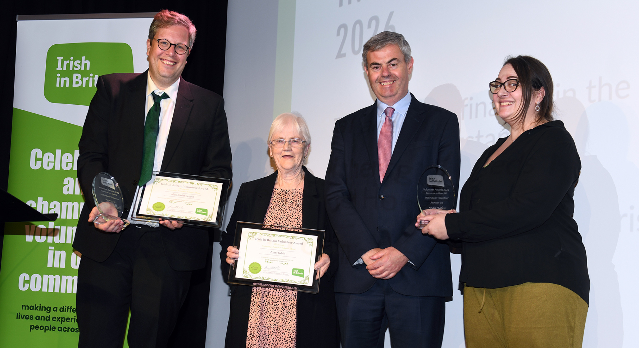 Individual Award finalists, Francis Duncan (for Alex Smithersgill), Joan Tobin, icap, with Ambassador Fraser and Aisling McDowell, Irish in Britain