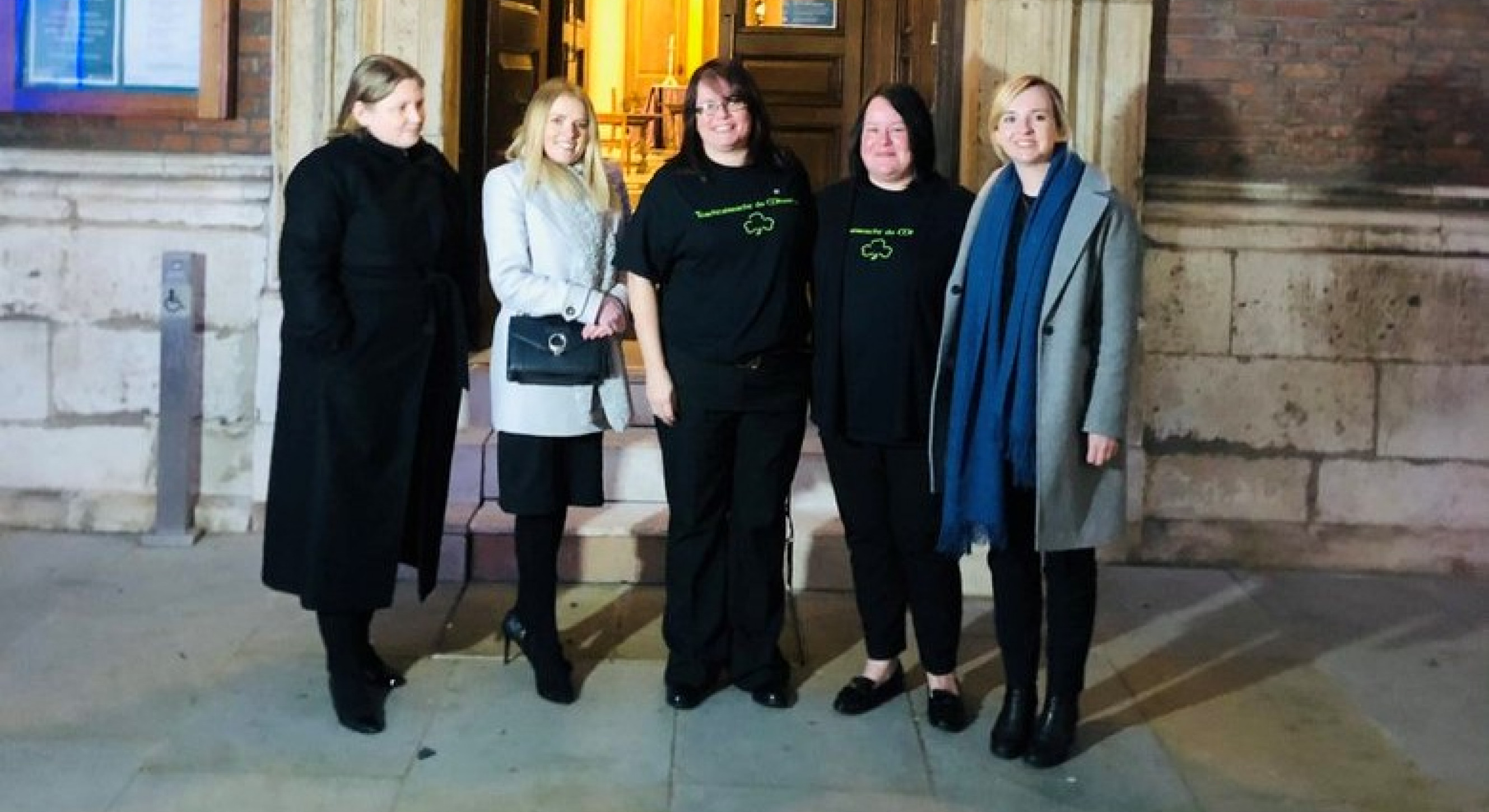 The Keane family (in campaign tee shirts) with their legal team after their appeal victory, from left: Caoilfhionn Gallagher QC, Caroline Brogan, Bez Killeen, Caroline Newey, Mary-Rachel McCabe.