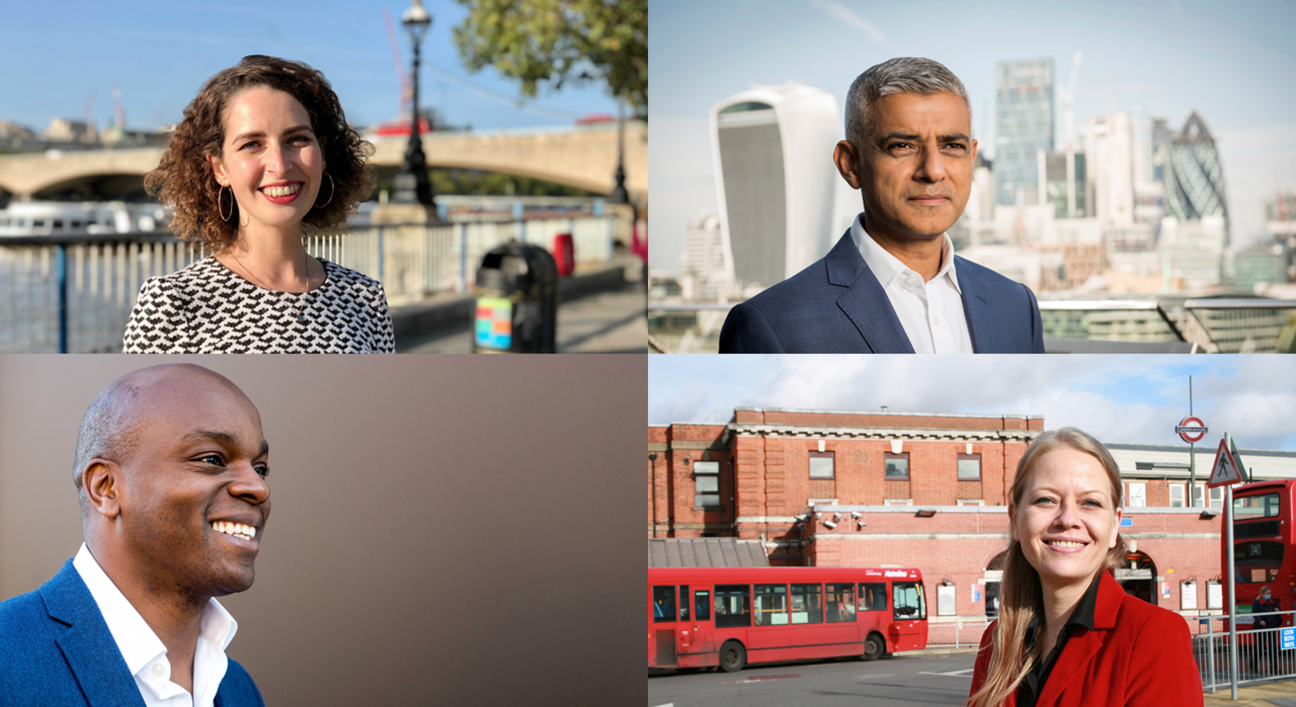 London mayoral candidates. Clockwise from top left: Luisa Porritt, Sadiq Khan, Siân Berry, Shaun Bailey.